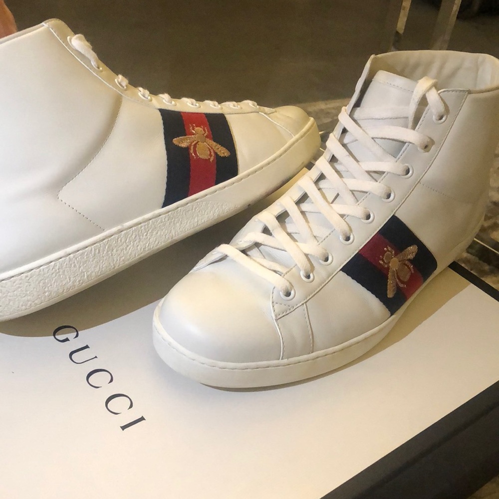 Gucci Bee Ace high top sneakers white leather mens